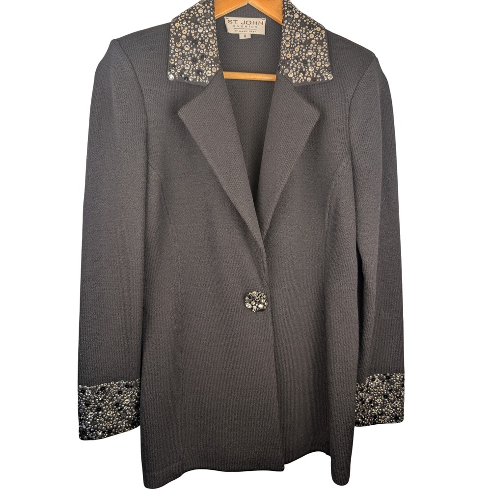 St John Evening Marie Gray Black Knit Crystal Embellished Jacket Blazer Size 4